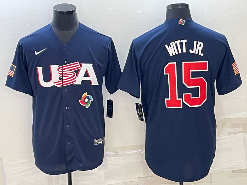 Men 2023 World Cub USA 15 Witt jr Blue Nike MLB Jersey6